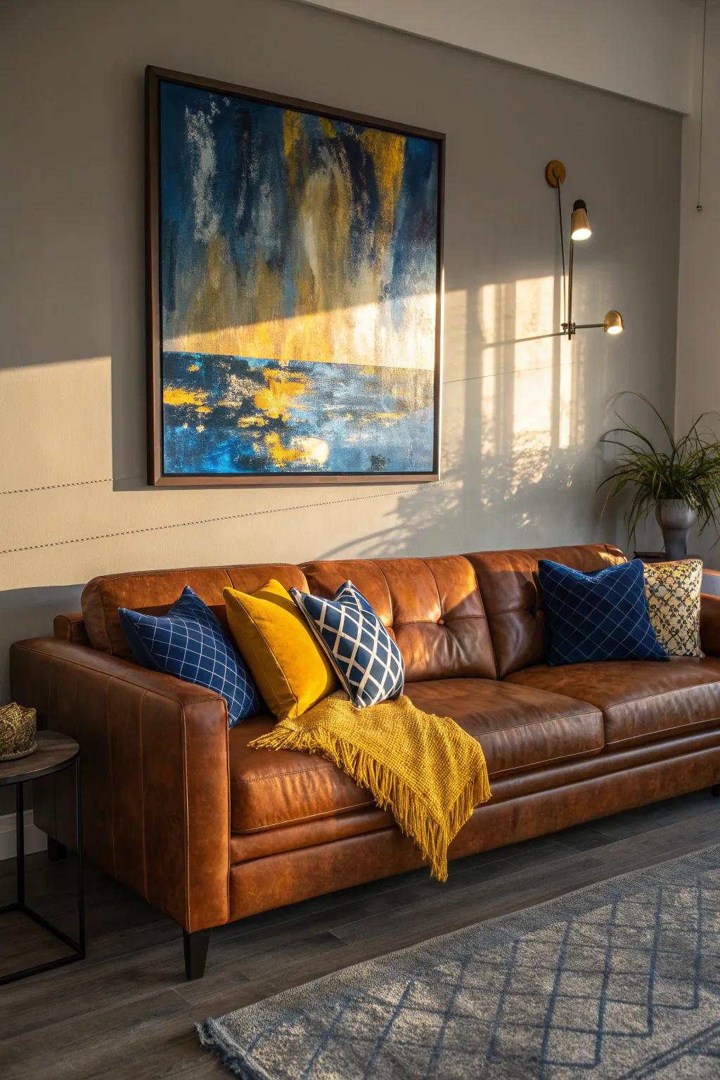 Let your walls tell a story with curated artwork that complements your cognac couch.
