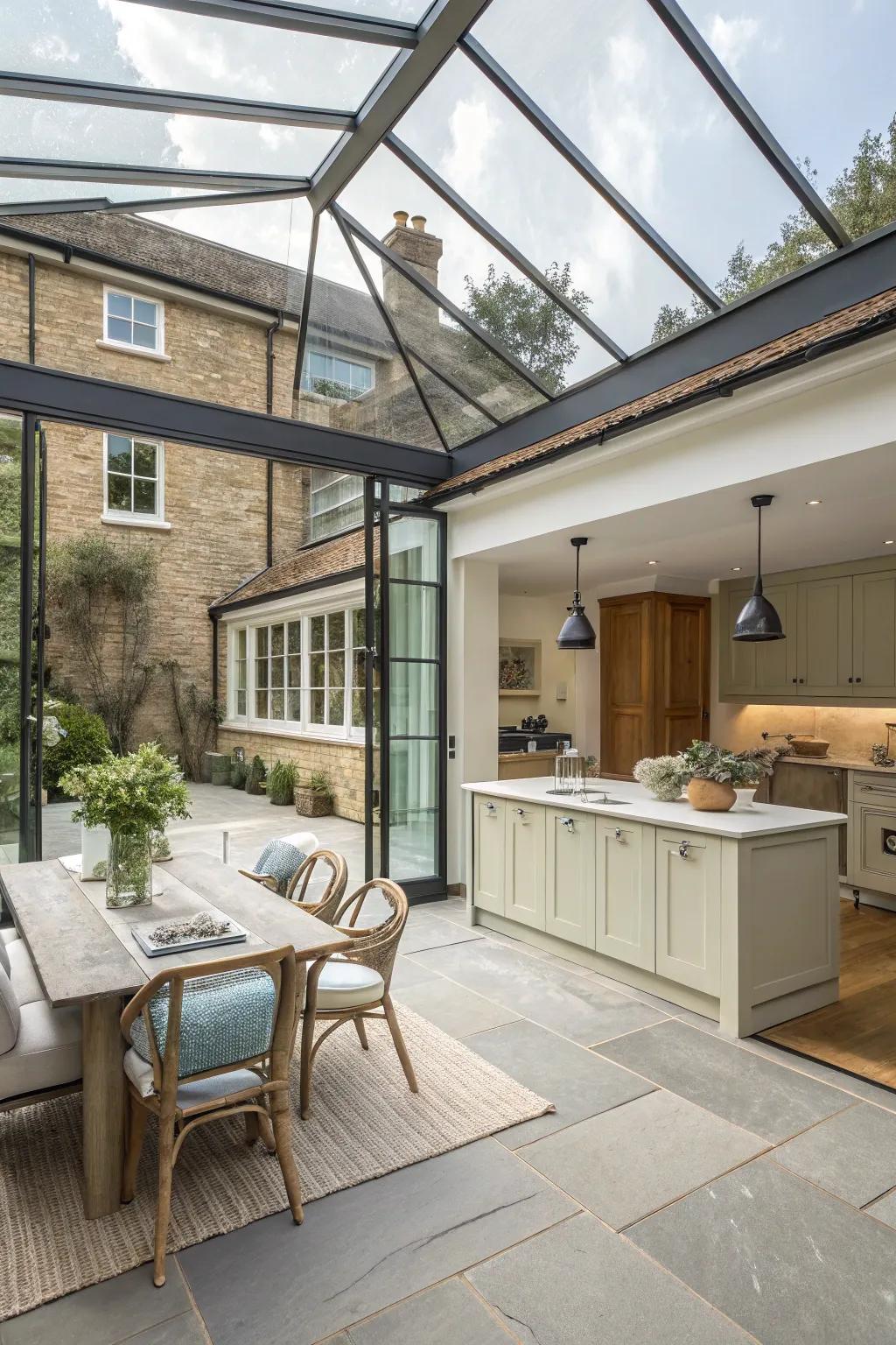 Merge modern flair with colonial charm in your kitchen extension. 🍽️🌿 #KitchenDesign #GlassExtension #HomeInspiration
