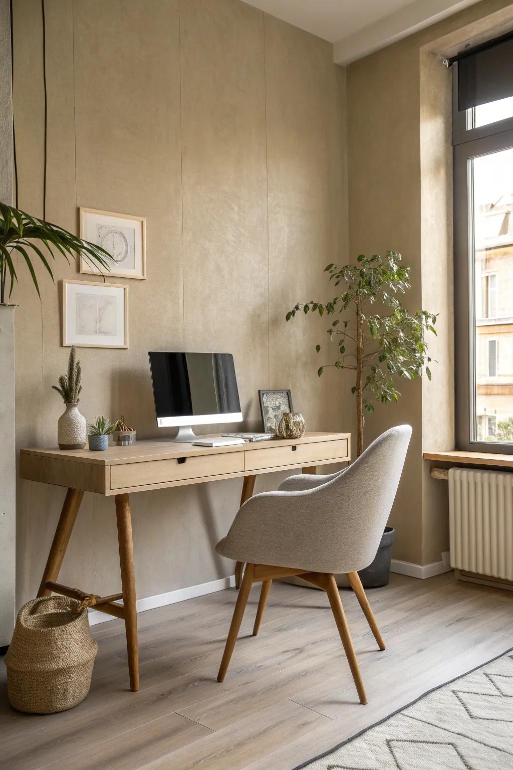 Achieve a professional and balanced ambiance with timeless beige hues that exude elegance.