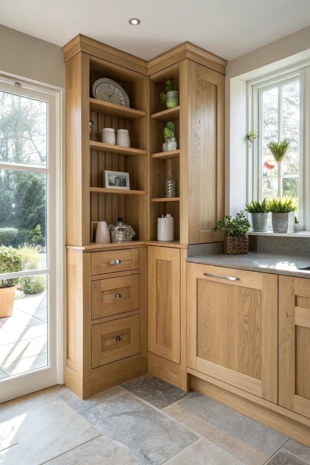 Maximize space with custom diagonal cabinets that blend seamlessly into your kitchen. #CustomDesign #HomeInspiration
