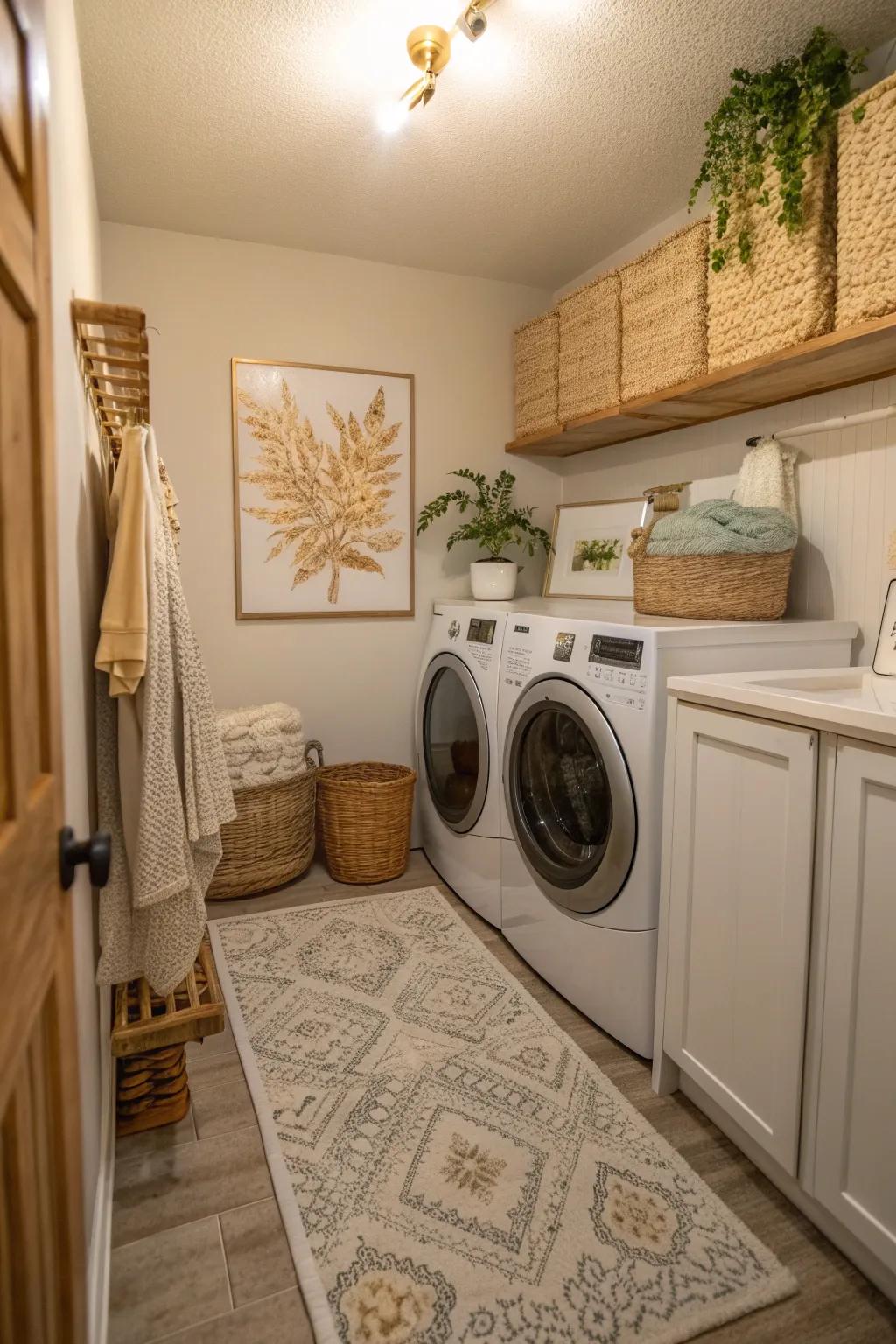 Elevate your laundry corner with decor that reflects your personal style and adds warmth.