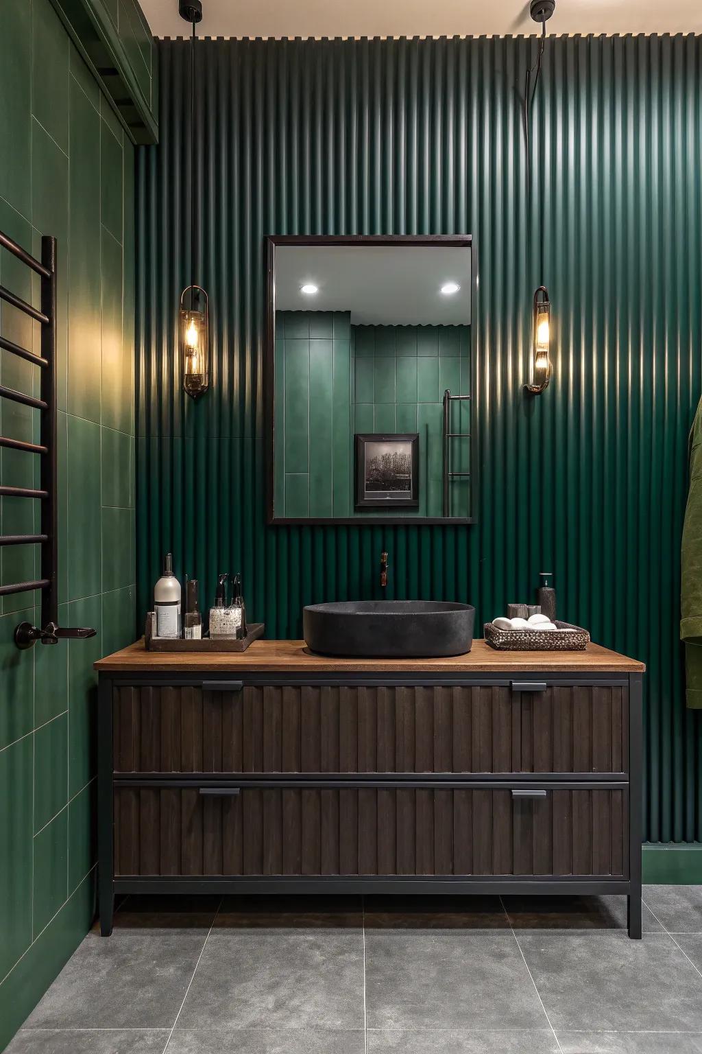 Bring a splash of color to your bathroom with painted corrugated metal. 🎨 #ColorfulDecor #BathroomDesign #CorrugatedMetal