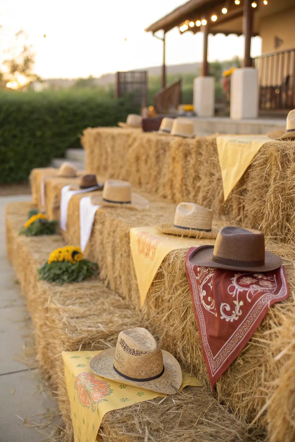 Create an authentic cowboy atmosphere with hay bales that are both decorative and functional.