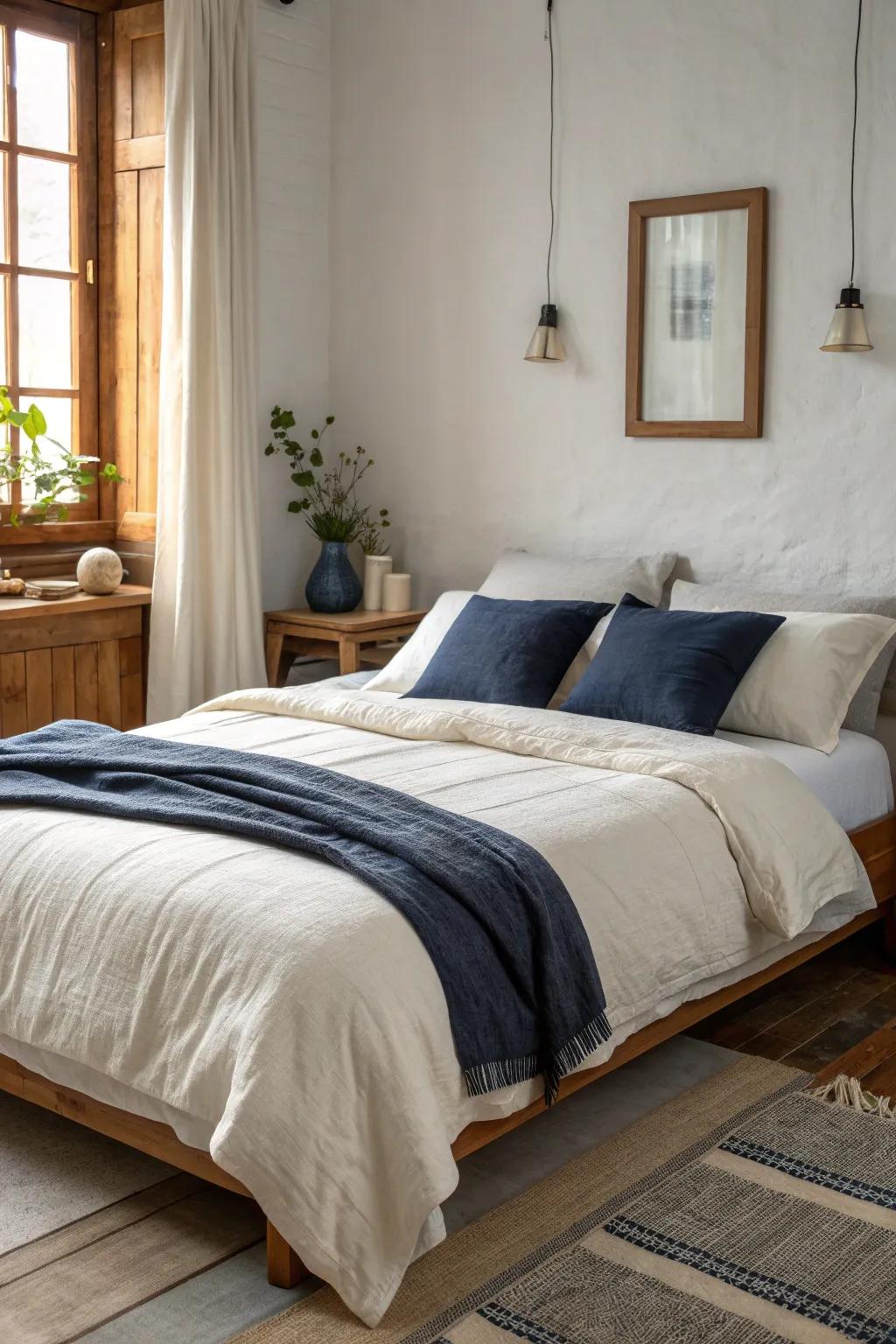 🎨 Make a statement with color blocking, adding a modern twist to cream bedding. #ColorBlock #BedroomStyle