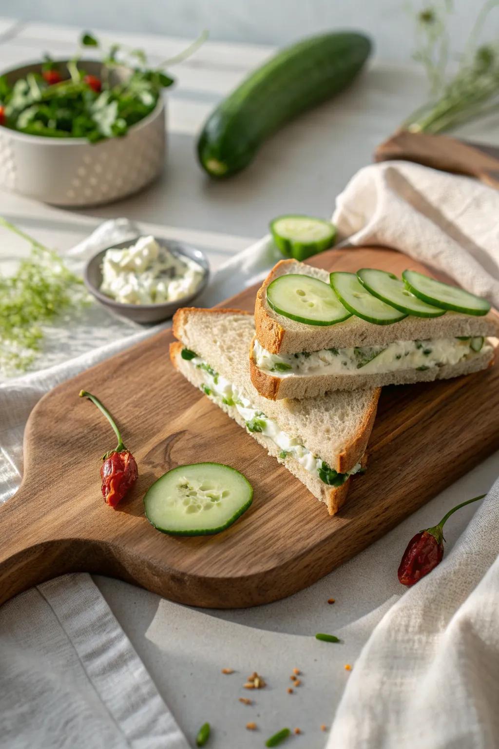 Turn up the heat with spicy jalapeño cucumber sandwiches. 🌶️ #SpicyTreats #PartyFavorites