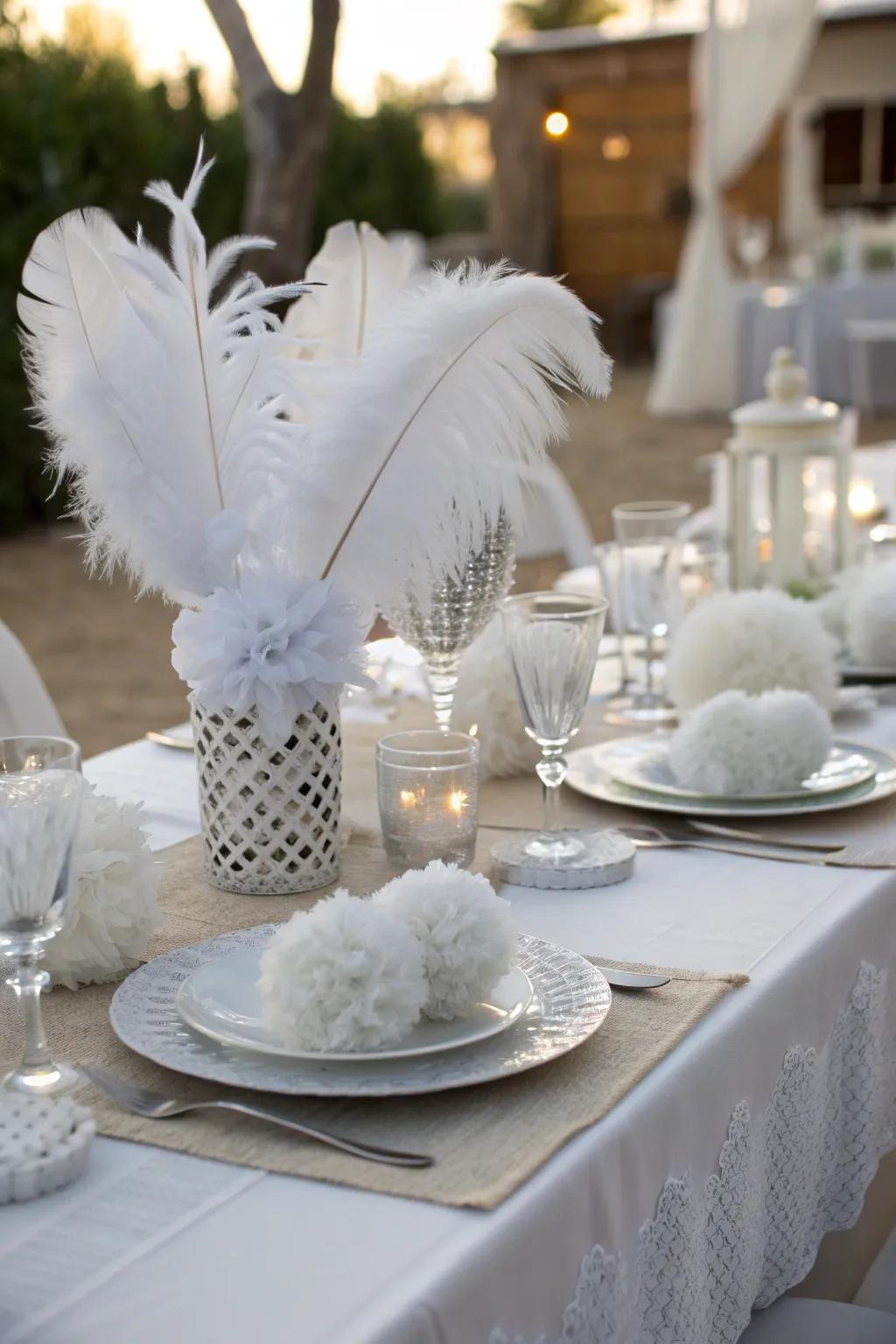 Add playful elegance with themed white decor elements. #DecorInspiration #TableDecor #FeatherDecor