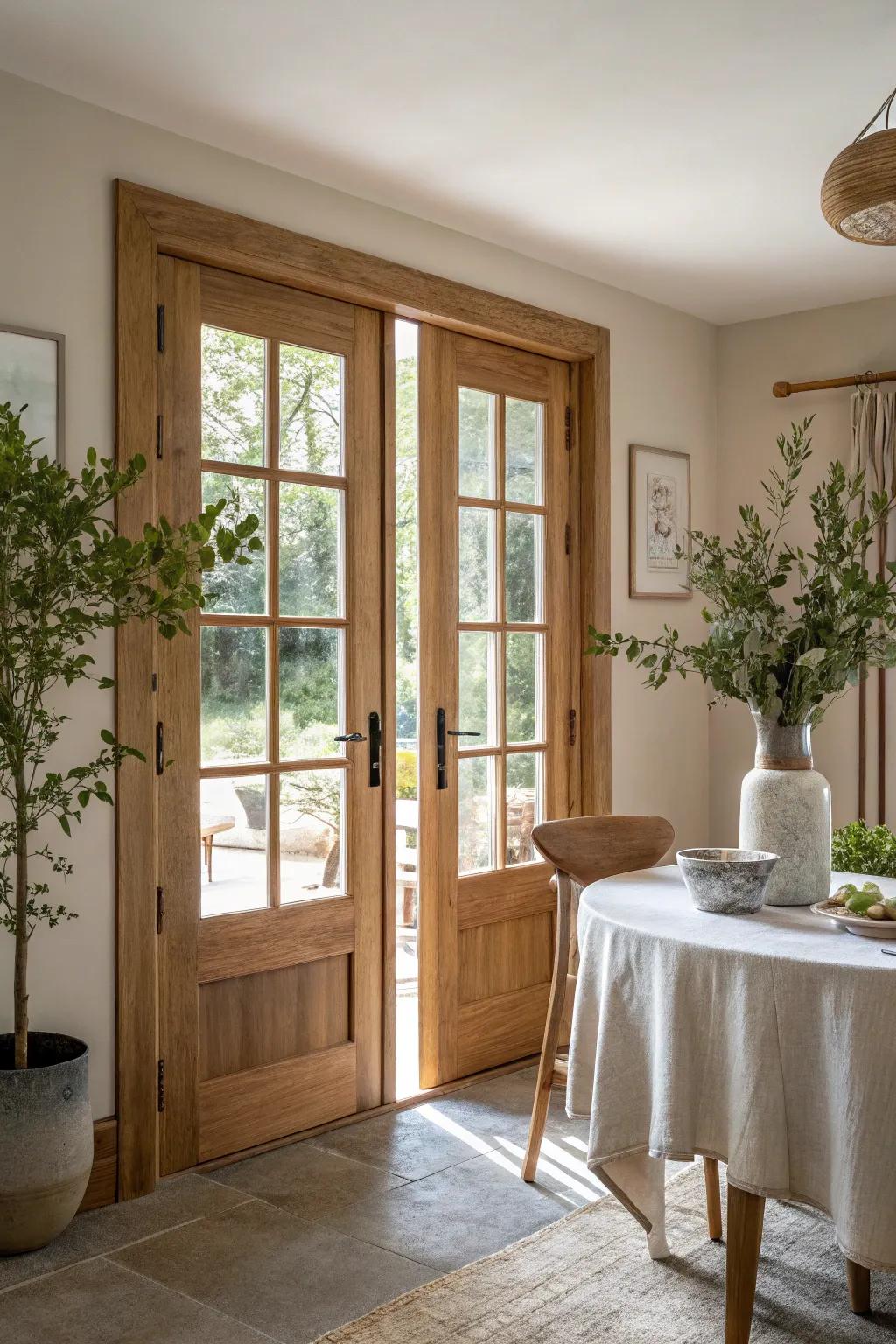 Invite warmth into your dining space with classic wooden framed doors. 🌳 #WoodDesign #HomeWarmth