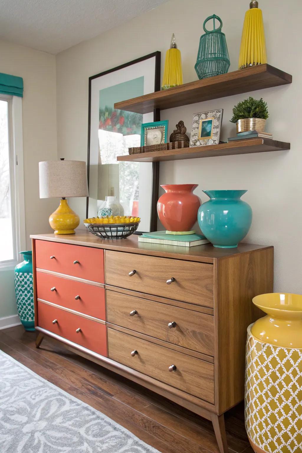 Elevate your space with a floating shelf, adding dimension and storage to your dresser area.
