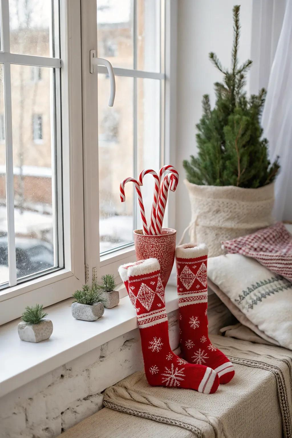 Sweeten your holiday decor with candy canes and stockings, adding a whimsical touch to your windows.