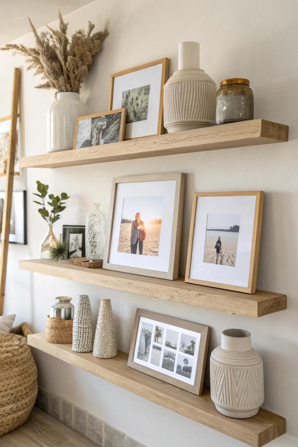 Enjoy the flexibility of floating shelves to refresh your family photo display. 🌿 #LivingRoomDecor #PhotoWall