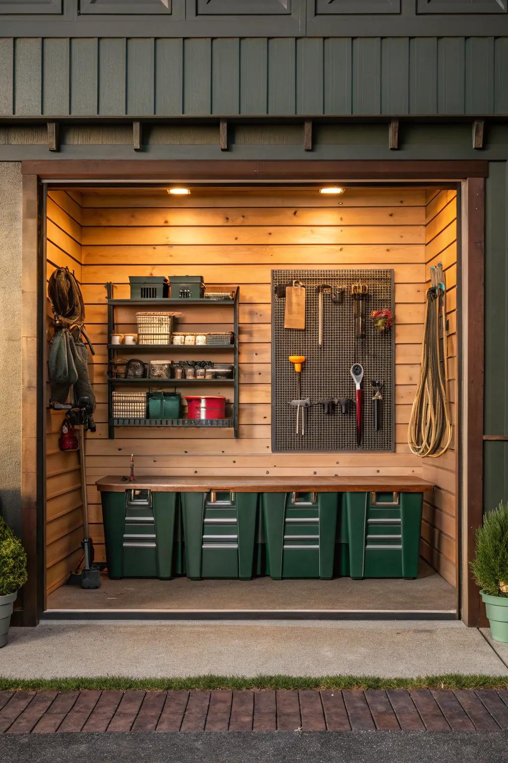 Adaptable slatwall panels keep your garage organized and stylish. 🌟 #FlexibleStorage #GarageDesign
