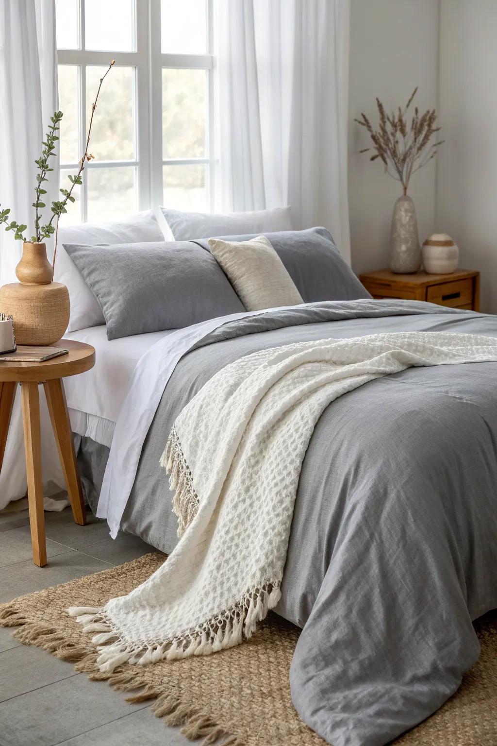 Create contrast by mixing smooth and textured fabrics for a visually engaging bedding ensemble. ✨ #TexturedBedding #MixAndMatch