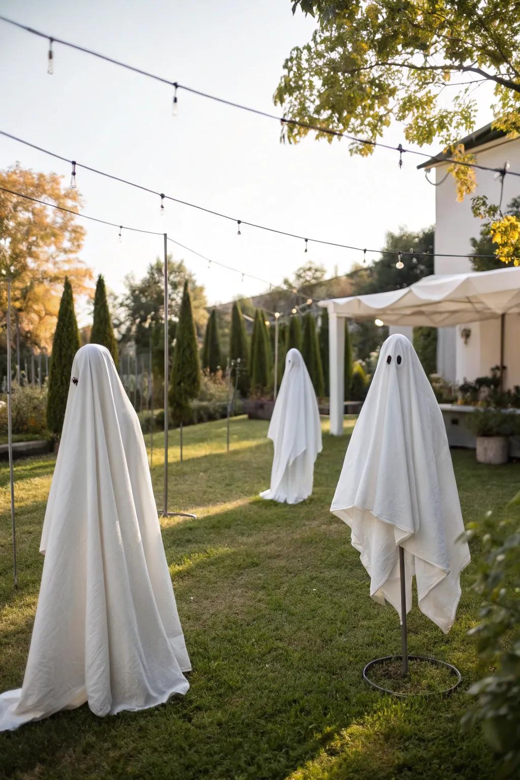 Create a haunting scene with ethereal ghost figures swaying in the breeze. 👻 #GhostDecor #HalloweenMagic