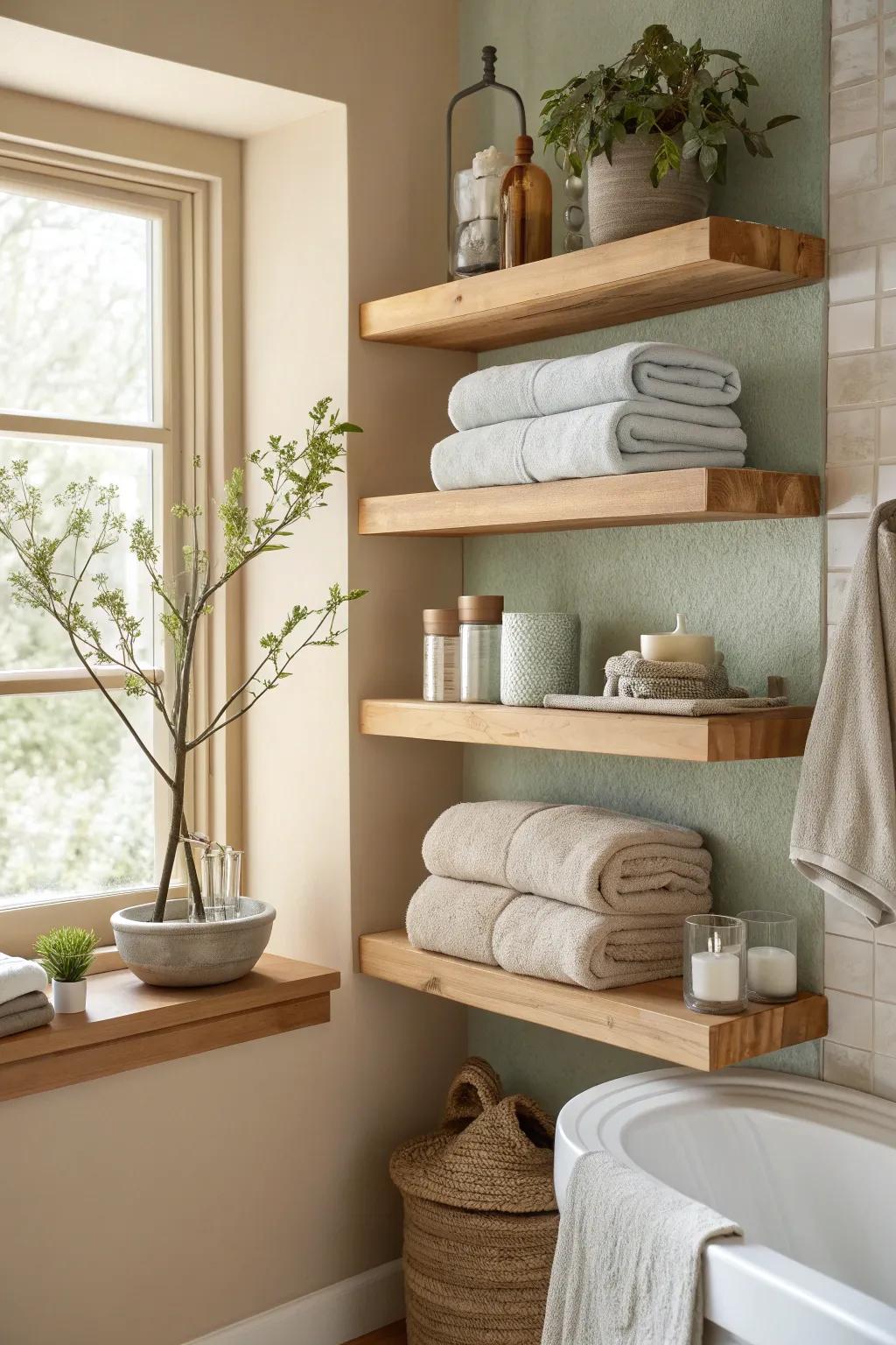 Floating shelves offer stylish storage for a spa-like atmosphere.