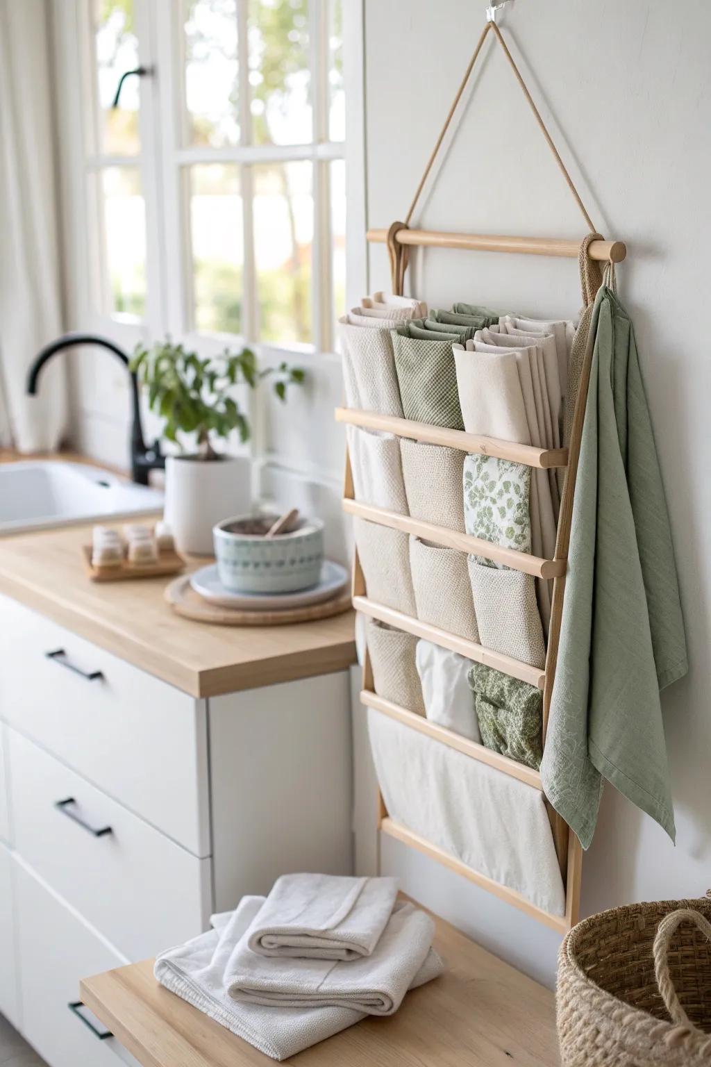 Maximize kitchen space with a hanging organizer for your cloth napkins 🚀 #SpaceSaving #KitchenHacks #HomeEfficiency