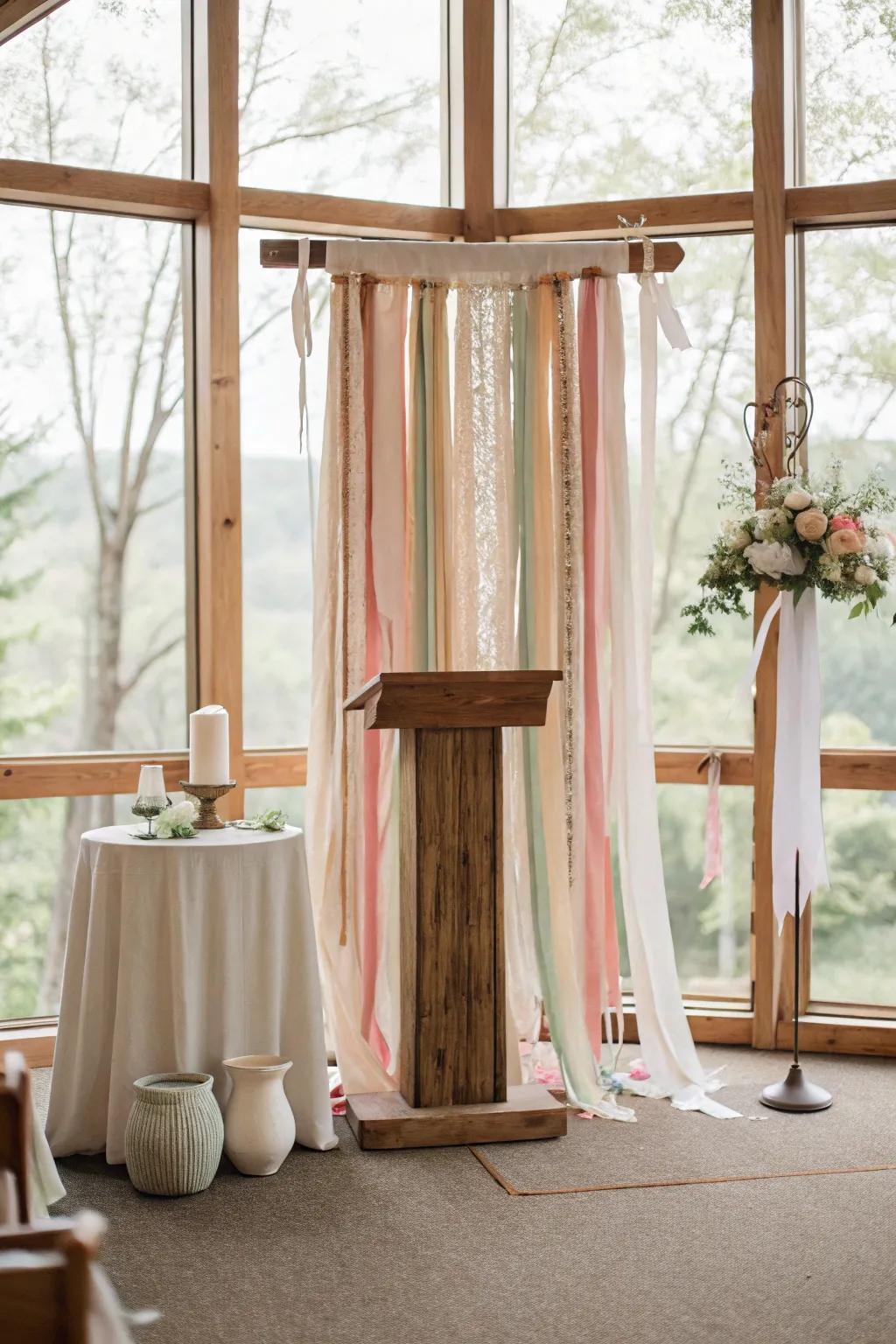 Add whimsy with a playful curtain of ribbons 🎀 #WhimsicalWedding #RibbonDecor