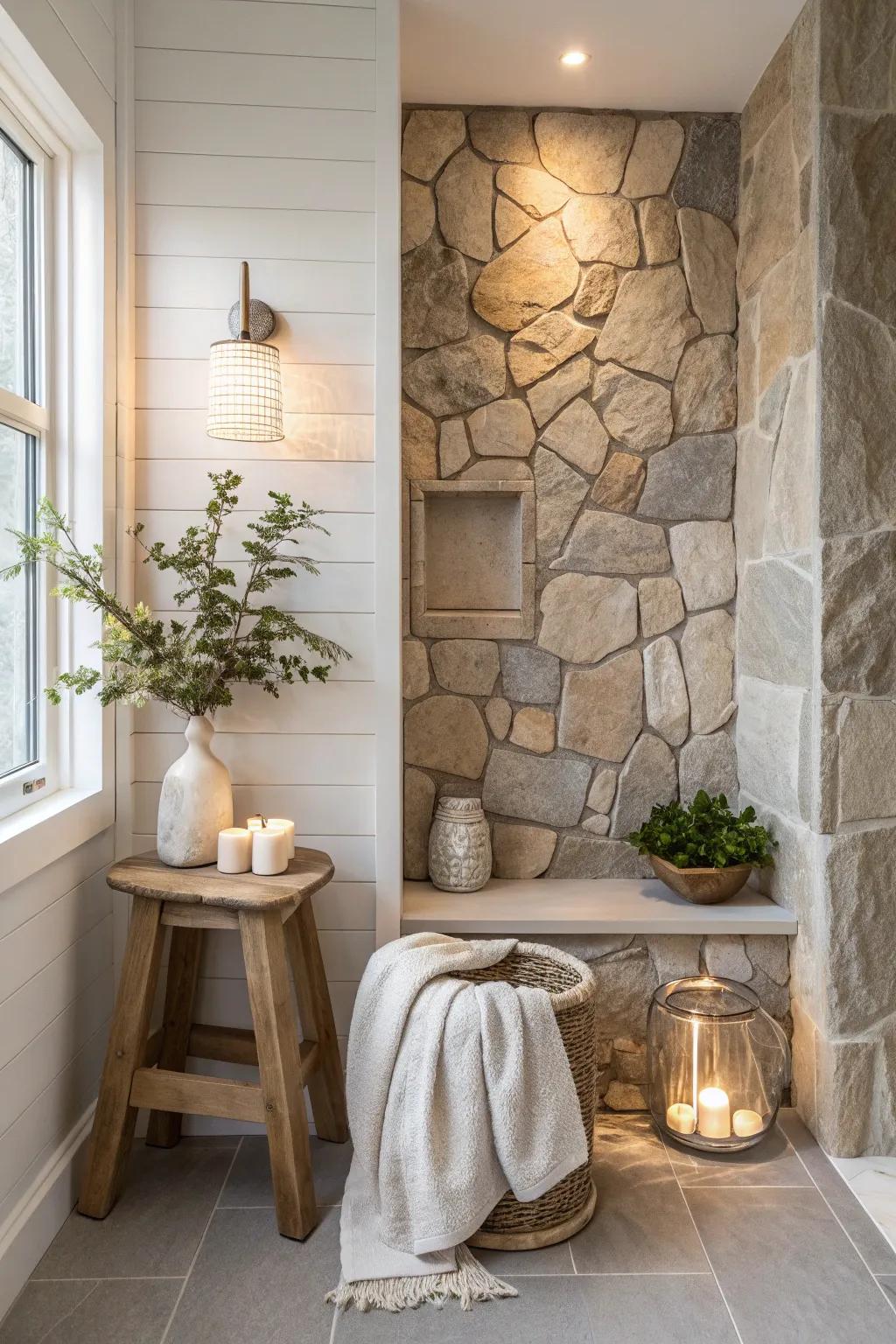 Create a serene, spa-like atmosphere in your bathroom with natural stone cladding. 🛁 #BathroomDesign #NatureInspired #SpaVibes