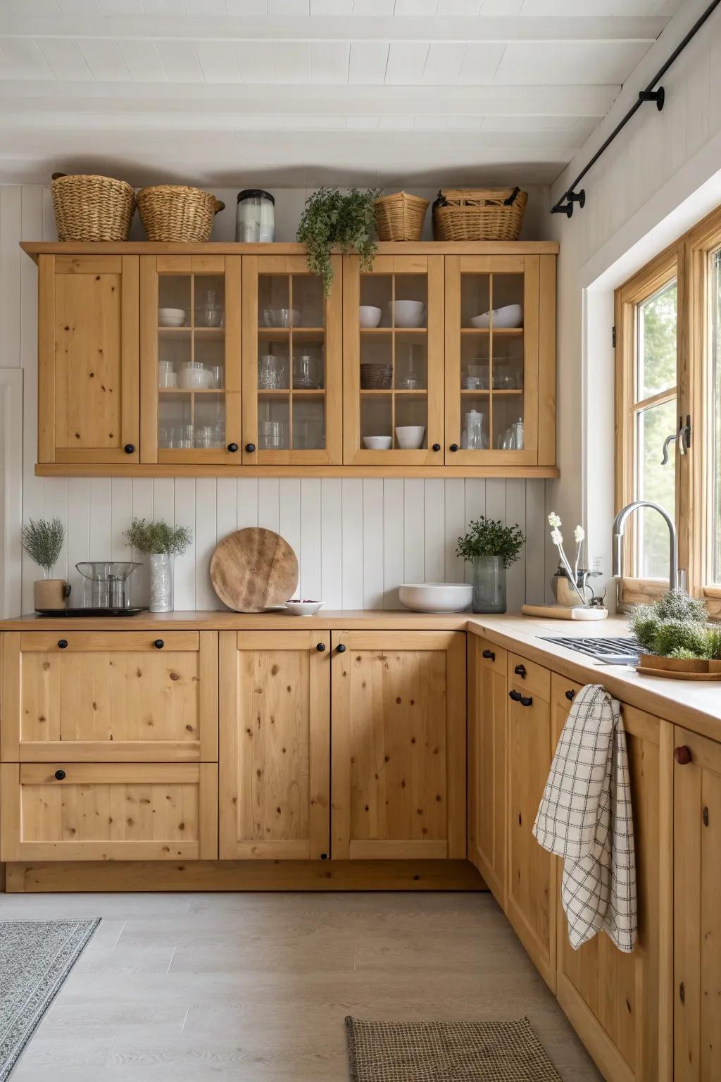Achieve tranquility in your kitchen with a symmetrical knotty pine cabinet design. #SymmetricalDesign #CalmSpaces