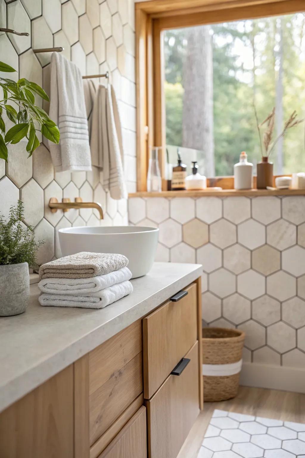 Add a playful twist to your bathroom with hexagonal tiles that catch the eye. 💫 #HexTiles #BathroomInspiration