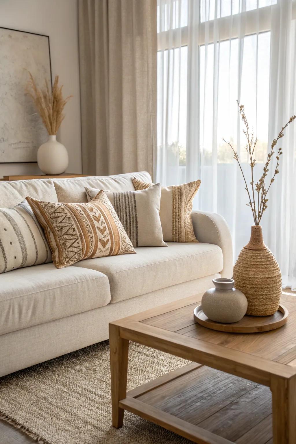 Create a calming oasis in your home with a neutral-toned sofa that complements any decor.