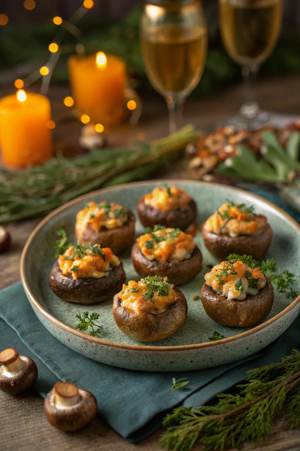 Experience the creamy delight of brie stuffed mushrooms, a perfect party appetizer. 🍄🧀 #MushroomMagic #PartyAppetizers #BrieLove