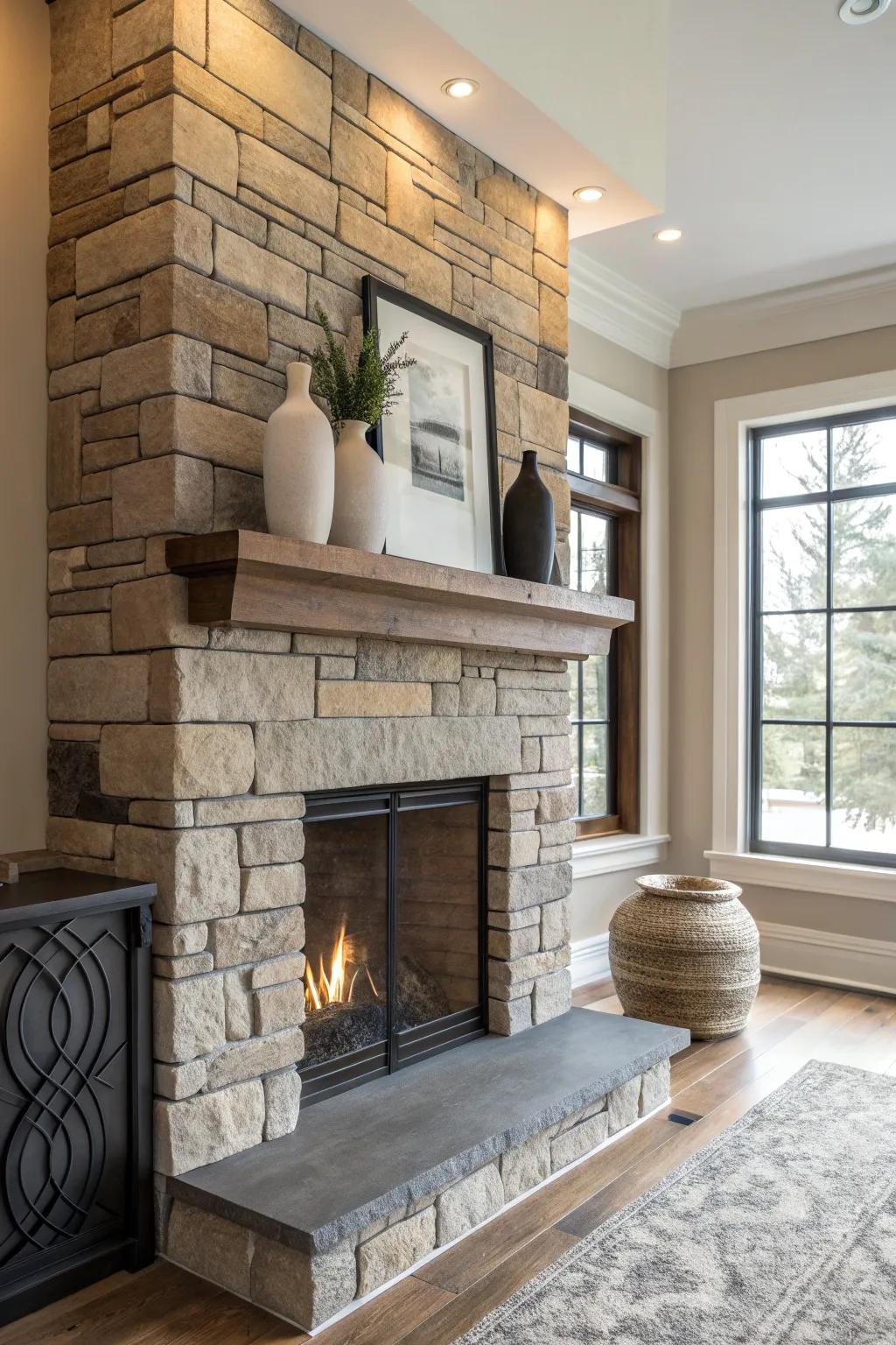 Layered materials create a unique, eye-catching mantel design. #MixedMaterials #FireplaceIdeas