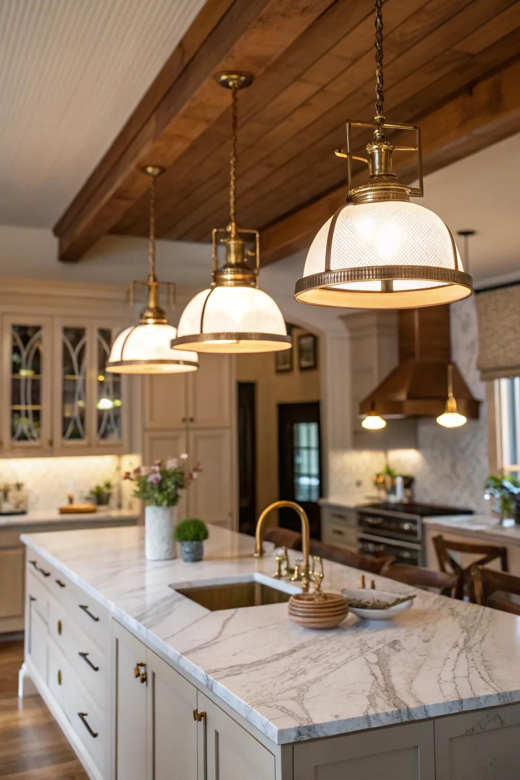 Achieve visual harmony with symmetrical pendants over your kitchen island. ✨ #Symmetry #BalancedDesign #KitchenLighting