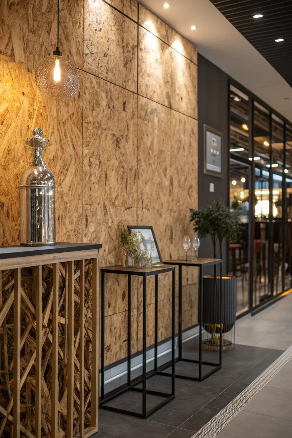 Mix materials like metal and glass with OSB for a bold, eclectic interior. #EclecticStyle #DecorInspiration