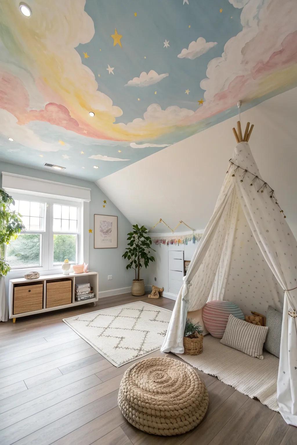 Turn your ceiling into a sky full of dreams and imagination. ☁️ #SkyMural #KidsRoom