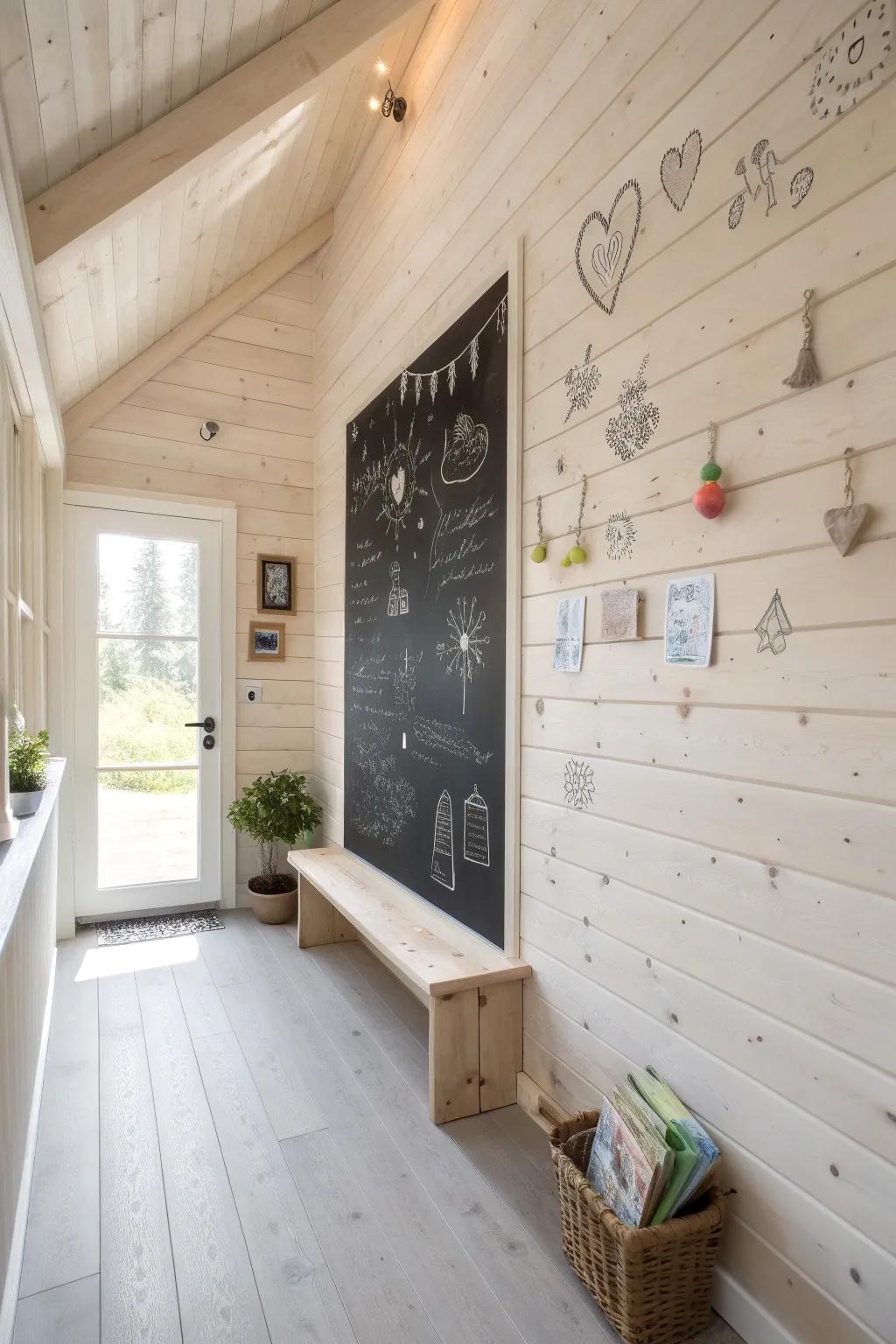 A chalkboard-painted wall adds a playful, interactive element to your home.