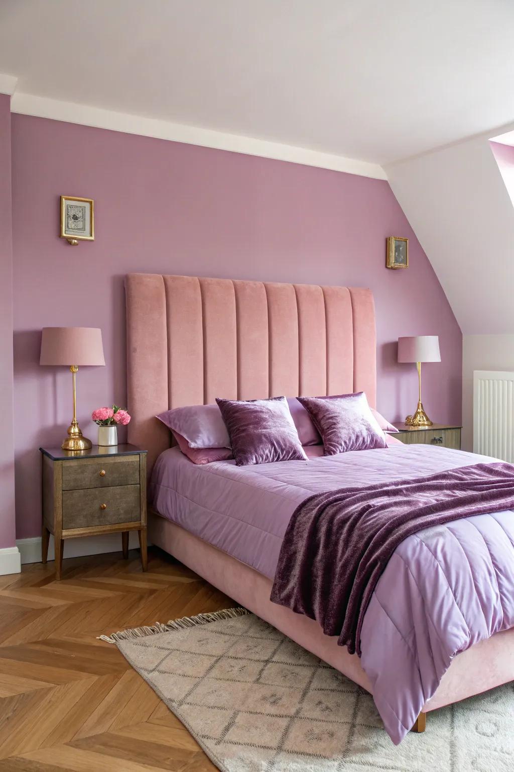✨ Dive into luxury with blush velvet and lavender silk for a dreamy retreat. #VelvetElegance #BedroomGoals #InteriorDesign