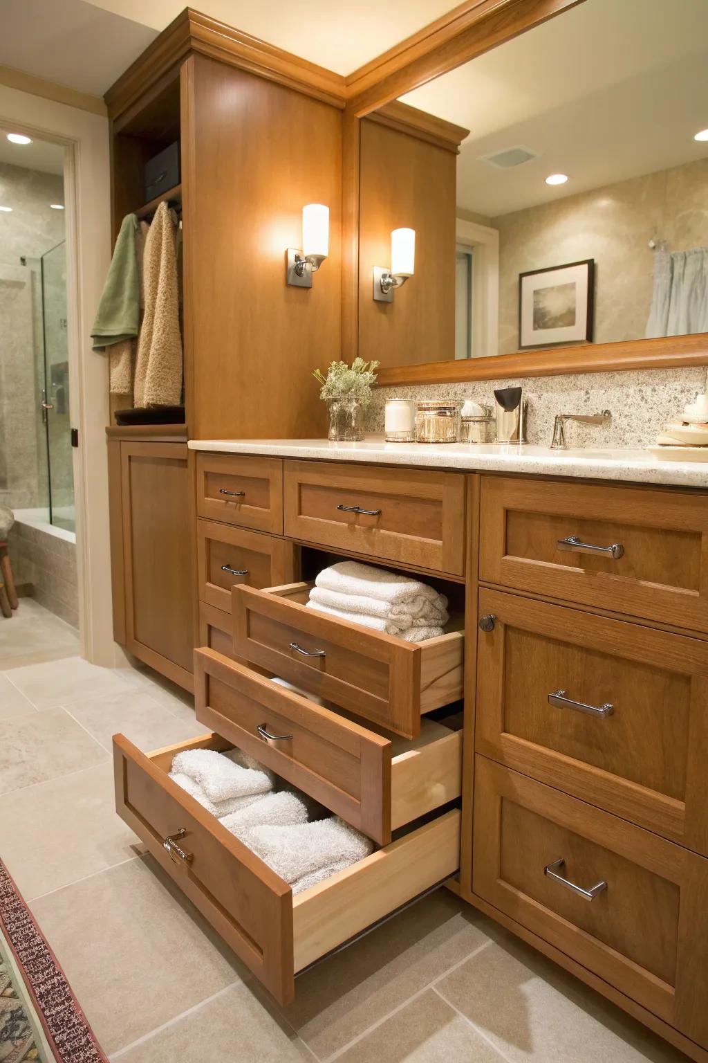 Unlock hidden potential with toe-kick drawers that offer extra storage under your vanity. #StorageSolutions #BathroomDesign