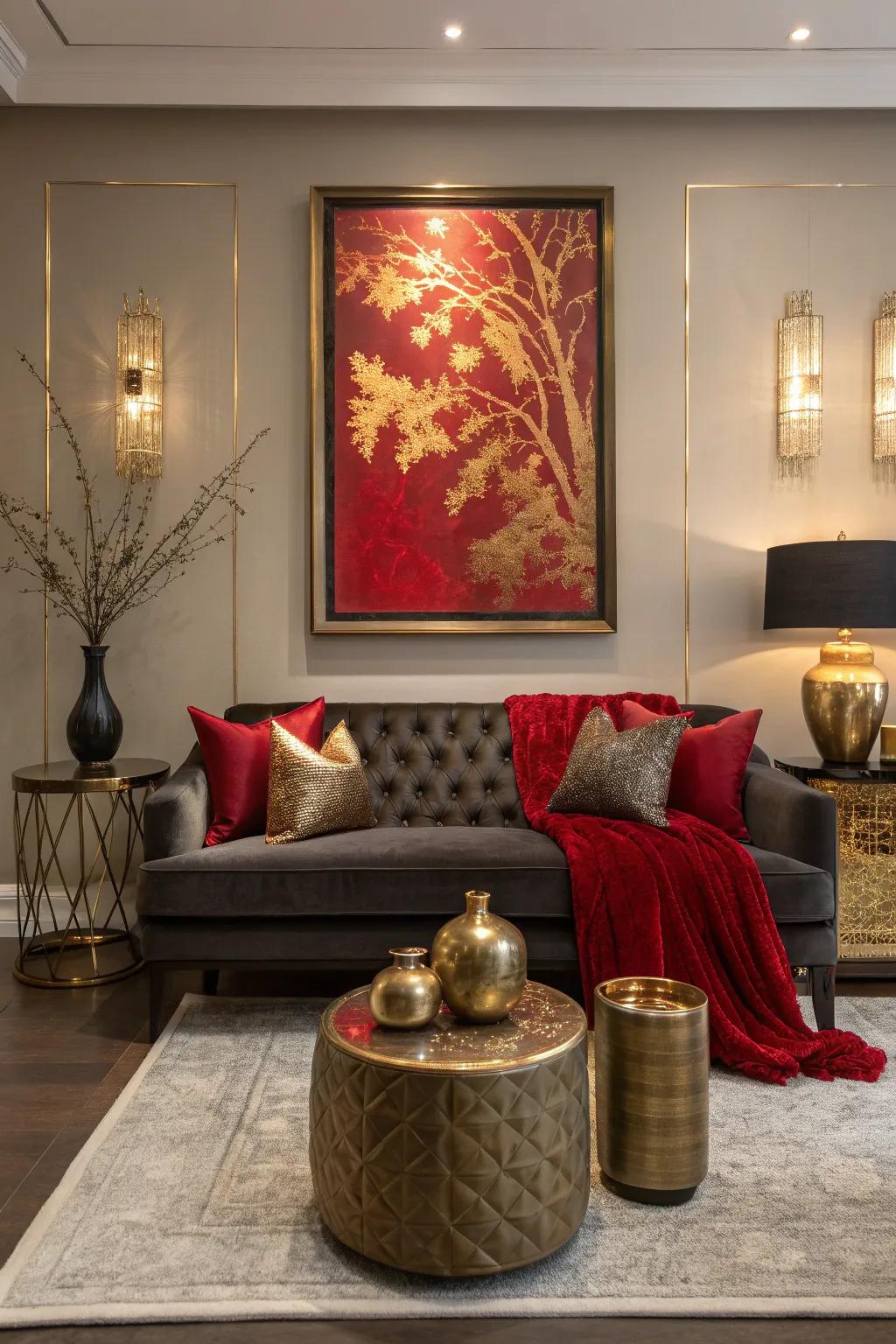 Red and gold artwork brings personality and cohesion to your living space.