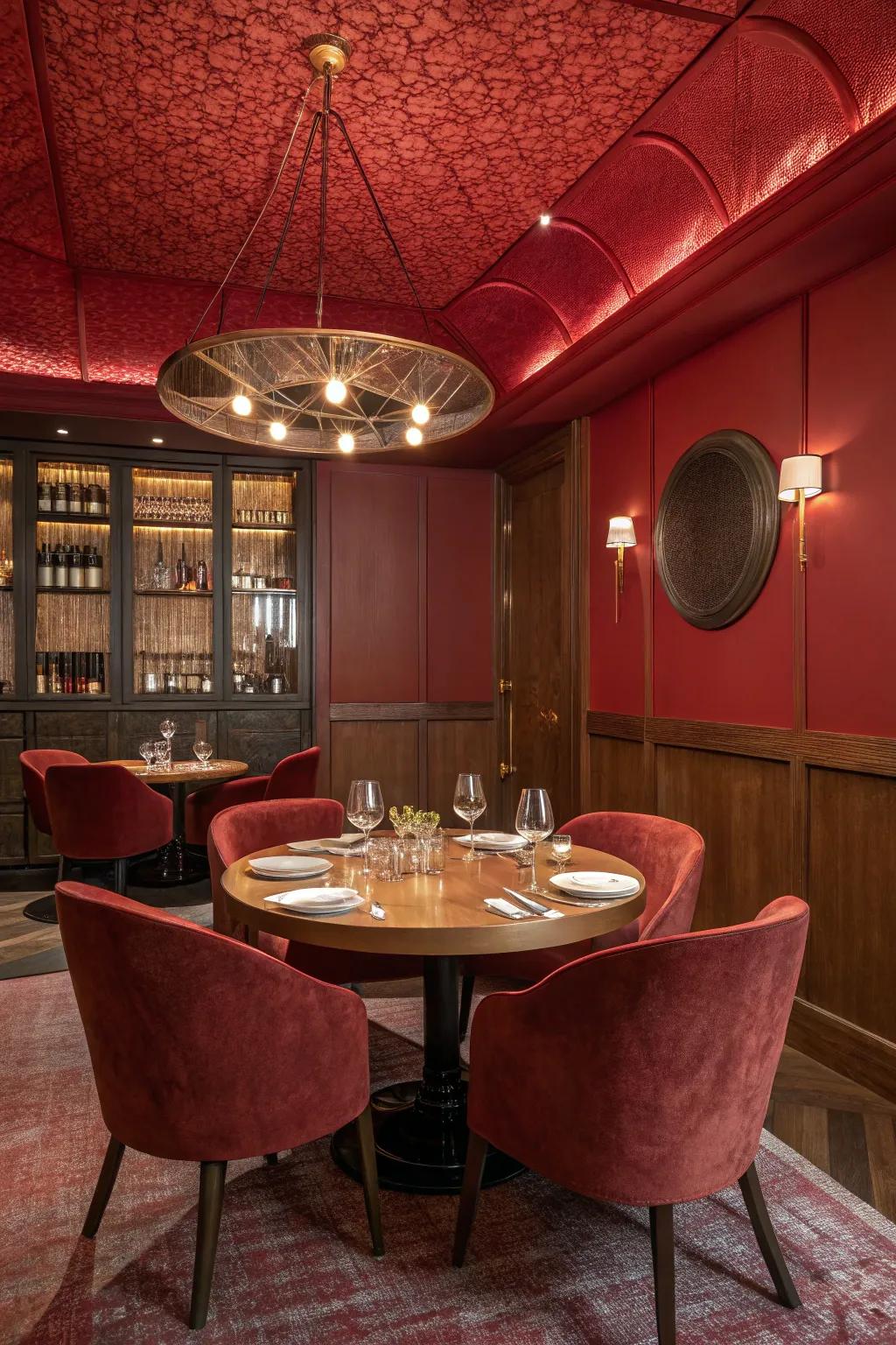 A red ceiling is a bold statement that adds warmth and depth to your dining room.