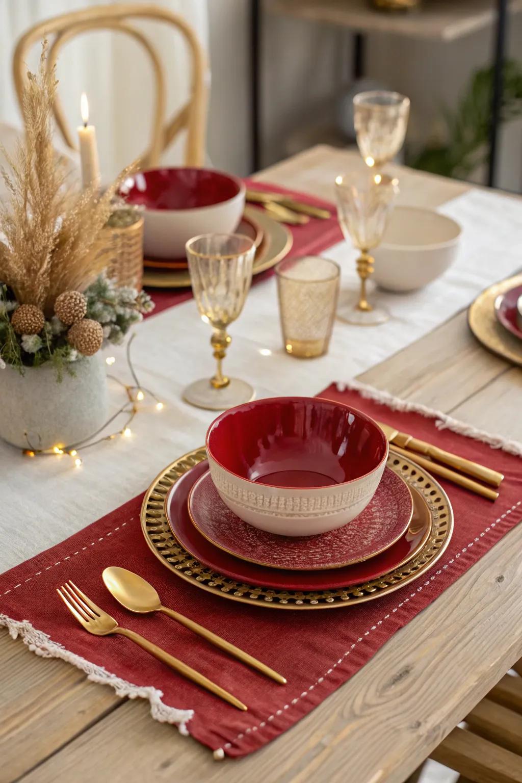 Gold accents elevate the look of your table, adding a touch of luxury. #GoldAndRed #LuxuriousDining
