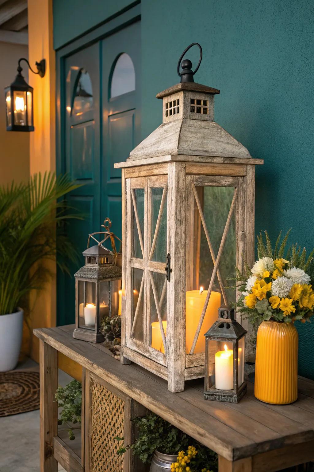 Lanterns add a cozy glow, enhancing the rustic charm of your entryway.