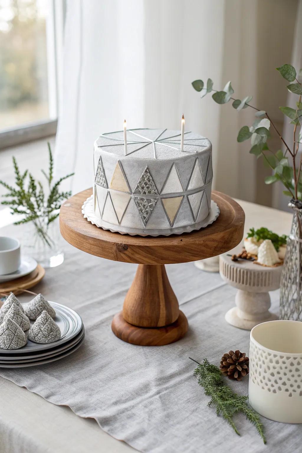 Geometric silver shapes turn a simple cake into a modern art piece. 🖼️ #ModernCakes #CakeArt