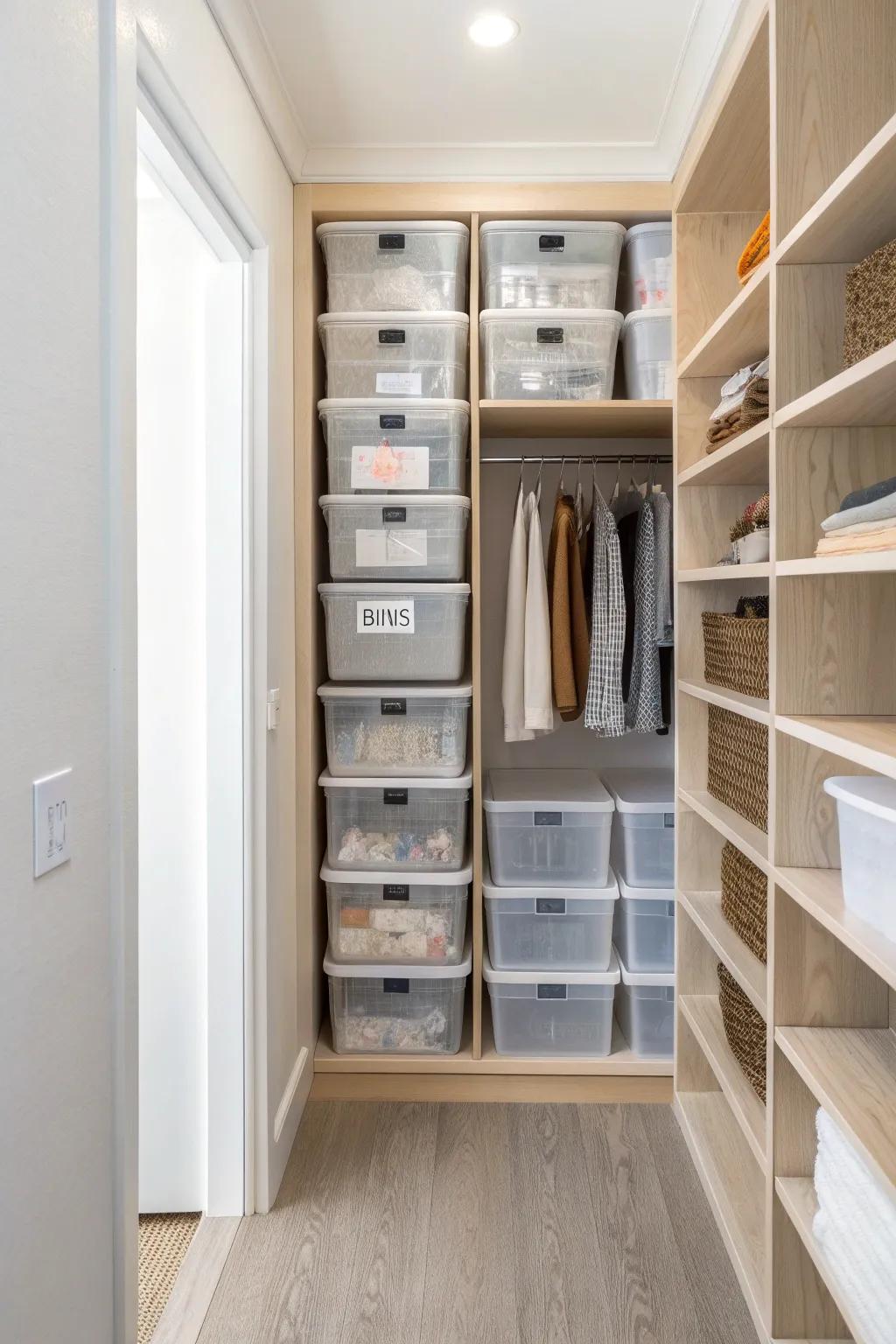 Clear bins and labels bring clarity and ease to closet organization.