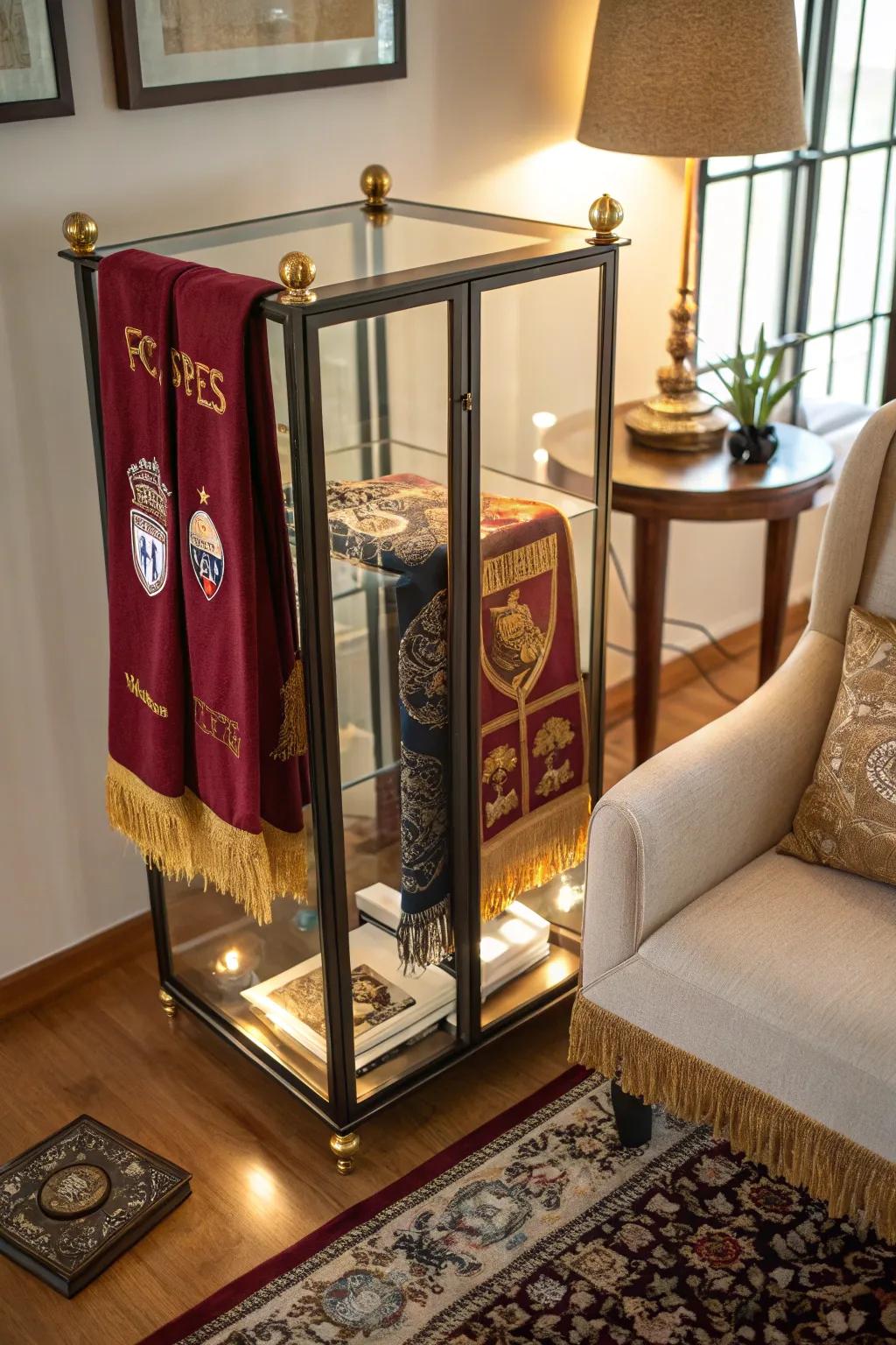 Elevate your scarf display with a glass case that adds elegance and focus to your collection. #SoccerDecor #InteriorDesign #DecorGoals