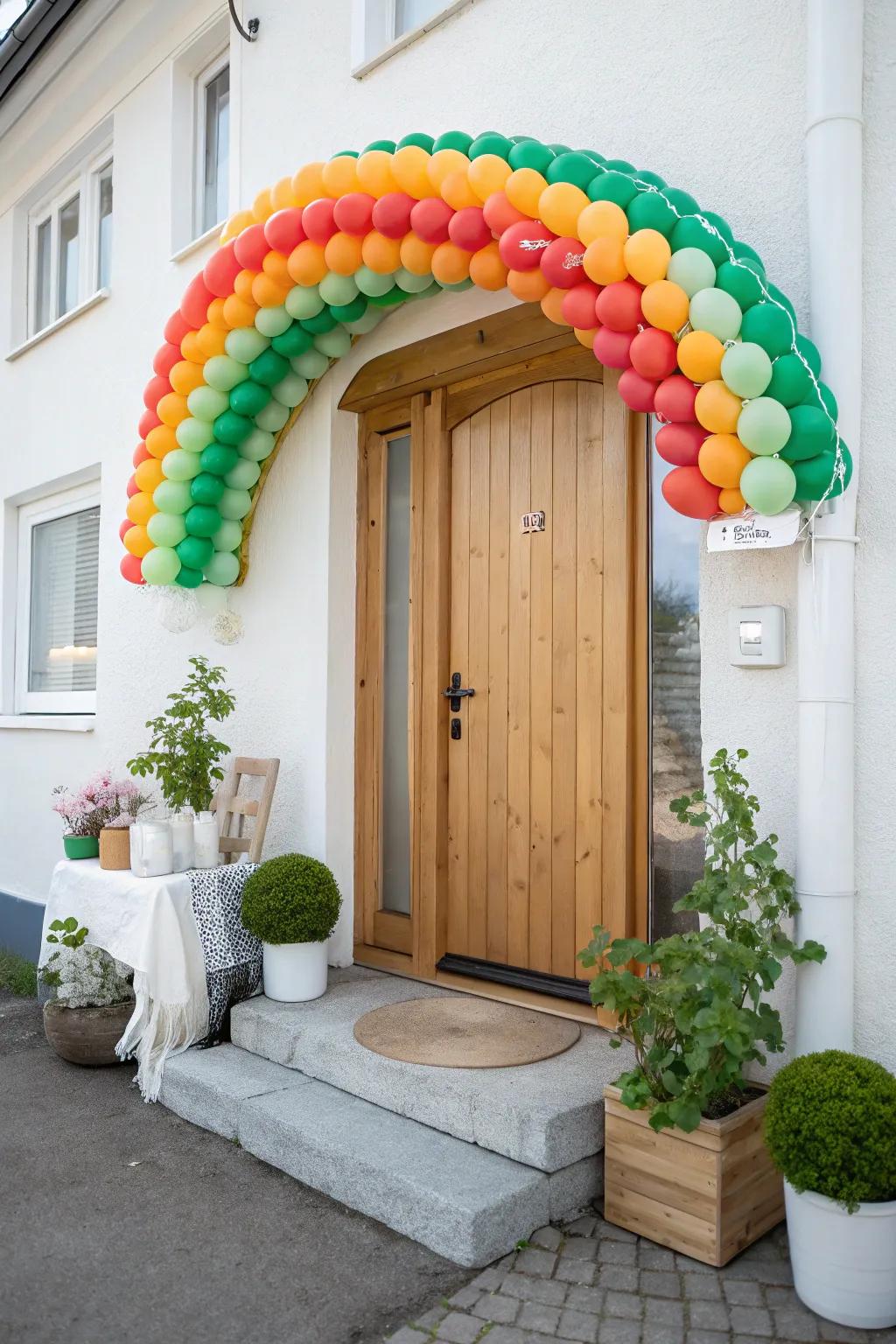 A rainbow balloon arch promises a grand festive entrance! 🎈🌈 #BalloonDecor #FestiveEntrance