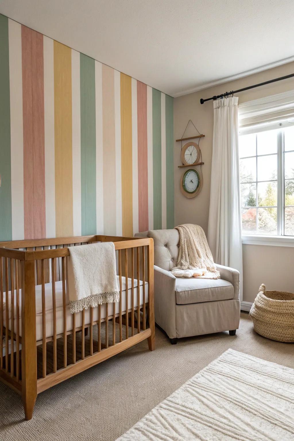 Mix it up with varied stripe widths for a playful and dynamic nursery design. 🍼 #NurseryDecor #CreativeDesign #StripeMagic
