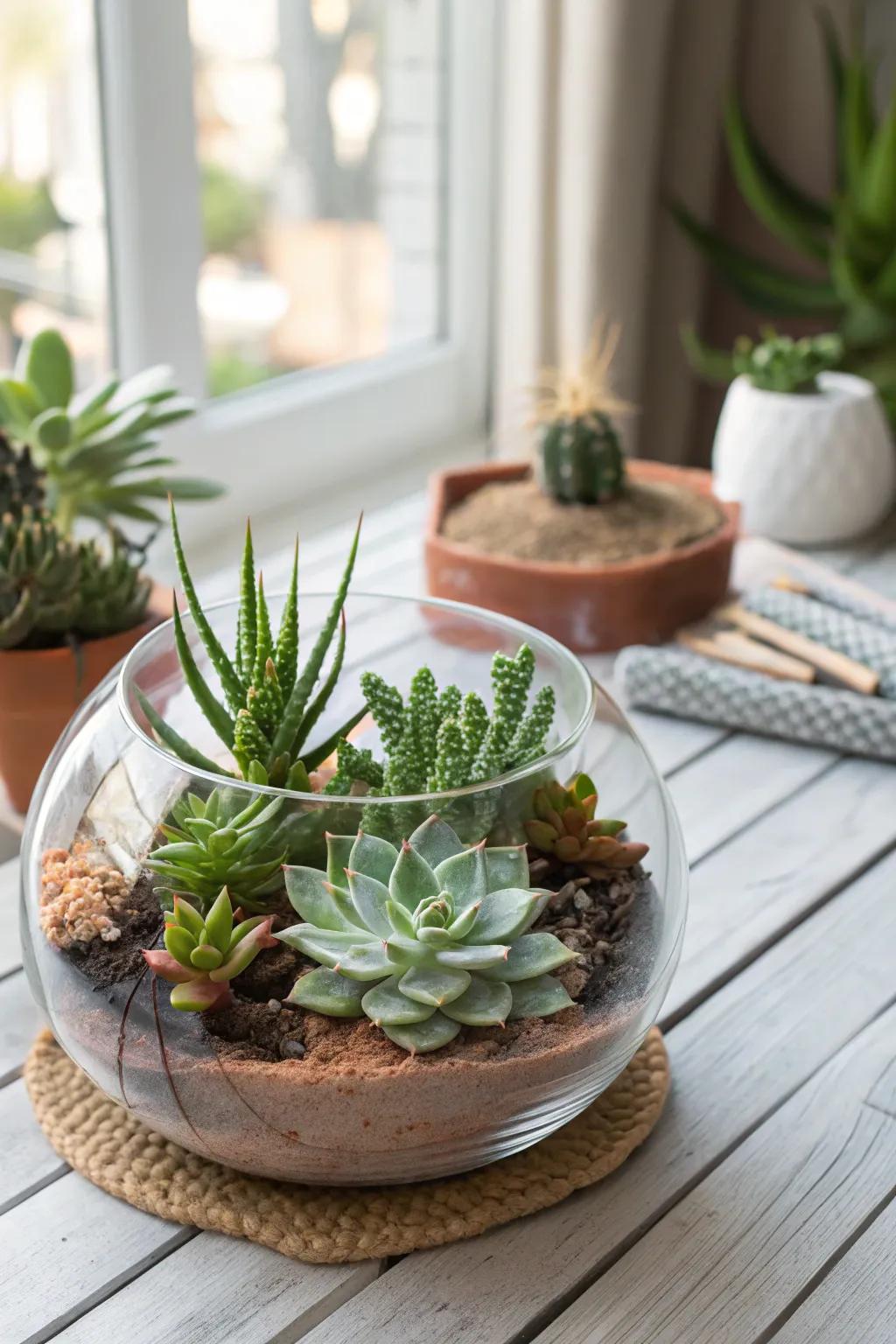 Capture the essence of nature in a glass terrarium, creating a miniature landscape of beauty and tranquility. 🌿 #TerrariumDesign #IndoorGreenery