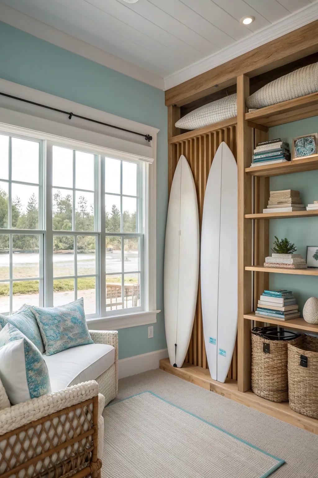 Seamlessly blend storage with style using custom-built shelves that fit your surfboards and decor.