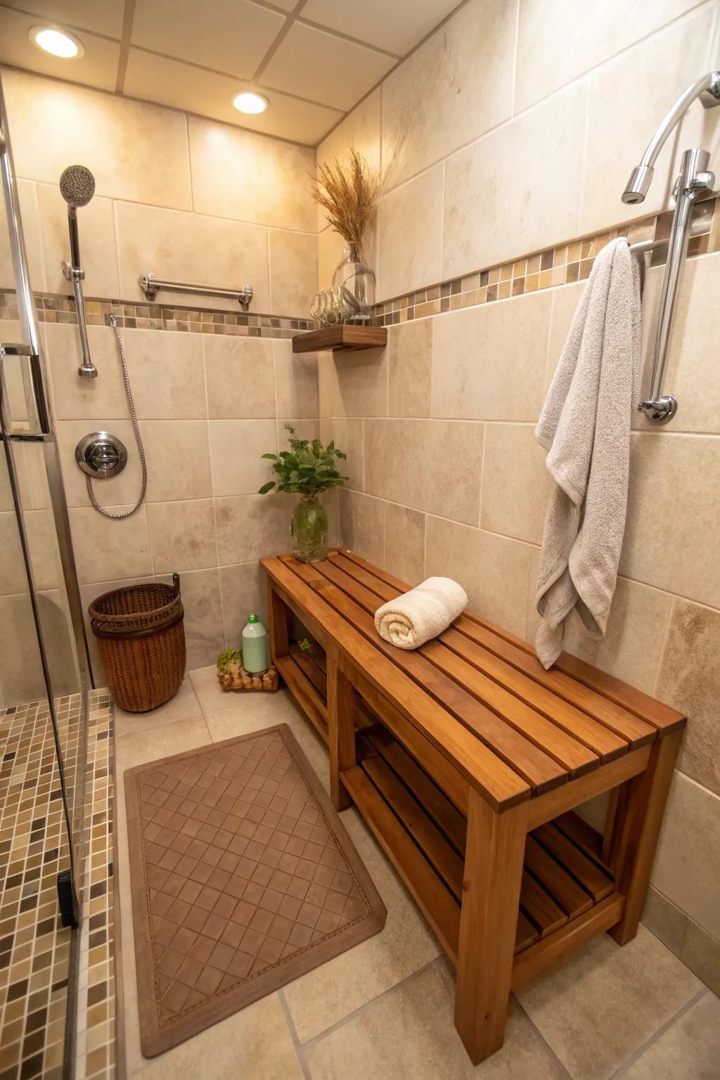 Enhance your shower experience with a multi-functional bench that offers comfort and clever storage. ✨ #HomeDesign #TinyHouseLiving