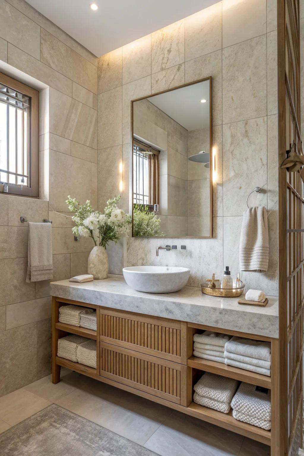 Luxurious materials add elegance and tranquility, creating a spa-like sanctuary at home.