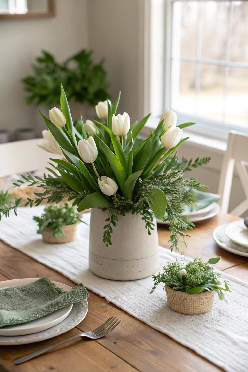 Enhance your tulip centerpiece with lush greenery for a fresh look. #FloralDesign #GreeneryAddition 🌿