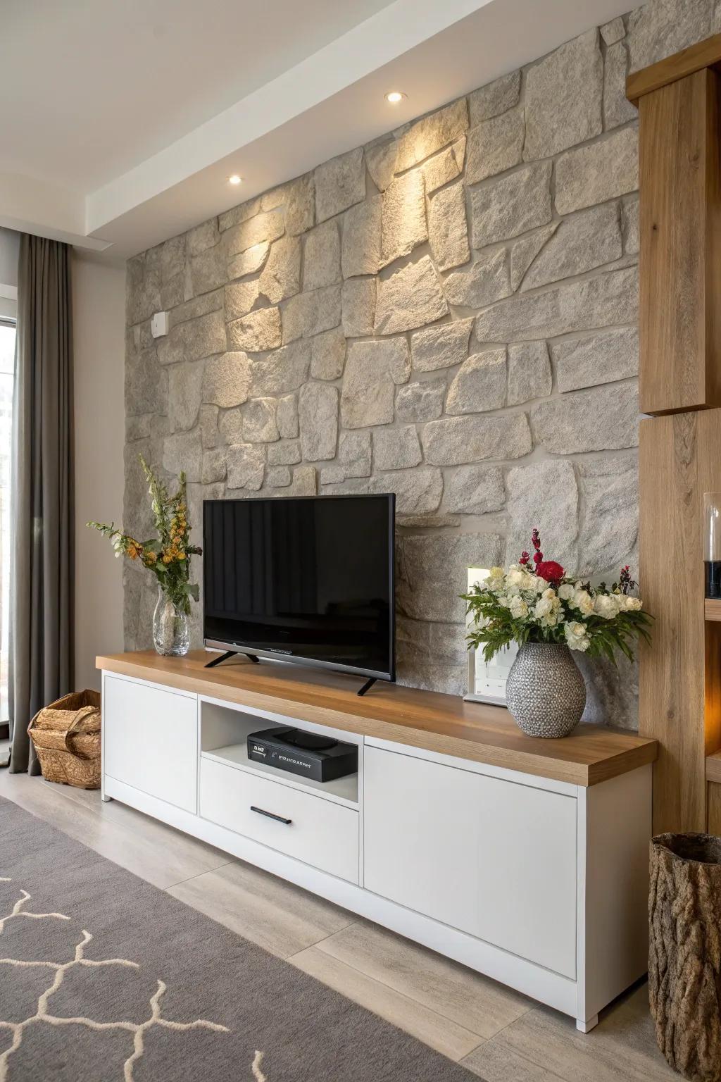 Contrasting textures and colors make your TV nook a stunning focal point. 🌟 #DesignDetails #HomeAccent