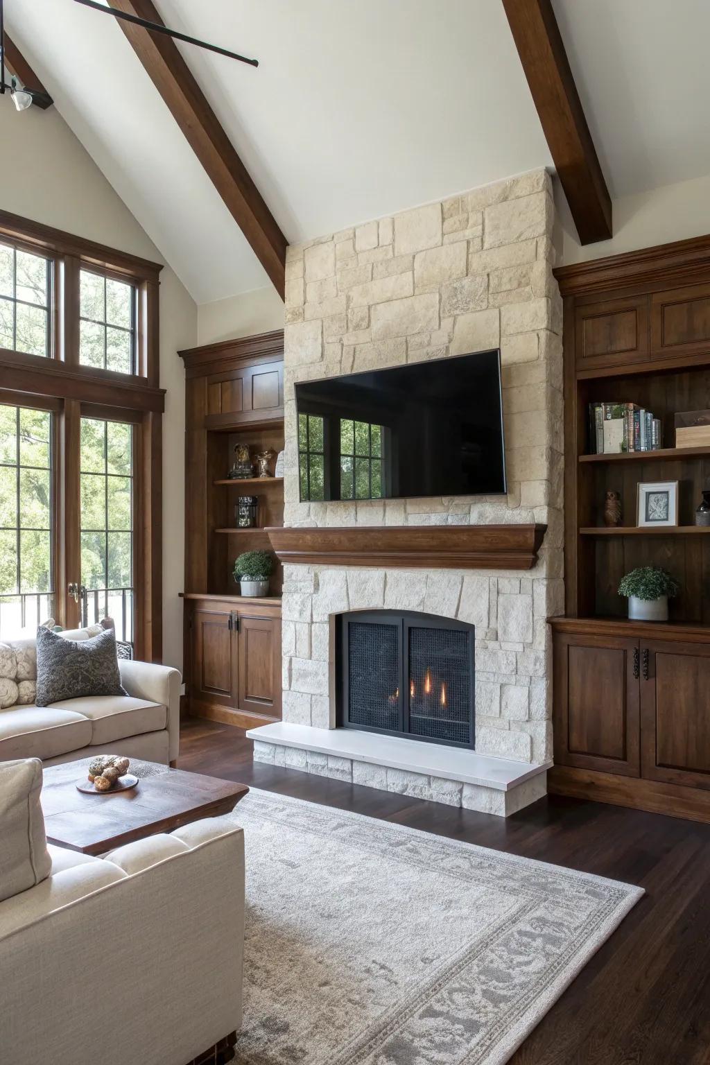 Play with textures and colors to create a dynamic TV over fireplace setup. #ContrastDesign #InteriorStyle