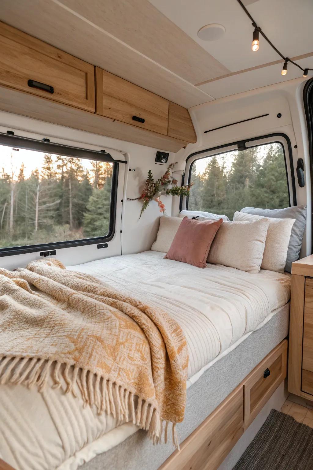 Wrap yourself in comfort with cozy bedding that turns your van into a restful retreat.