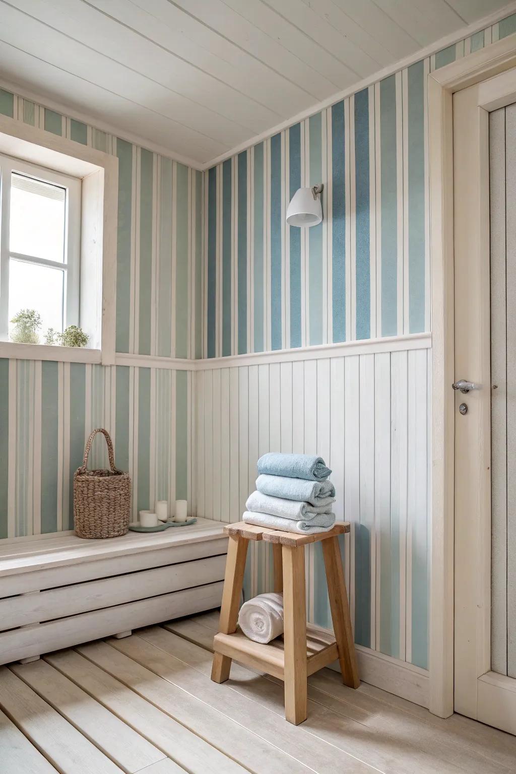 Bring spa serenity to your bathroom with soft, subtle stripes. #BathroomGoals #HomeDecor